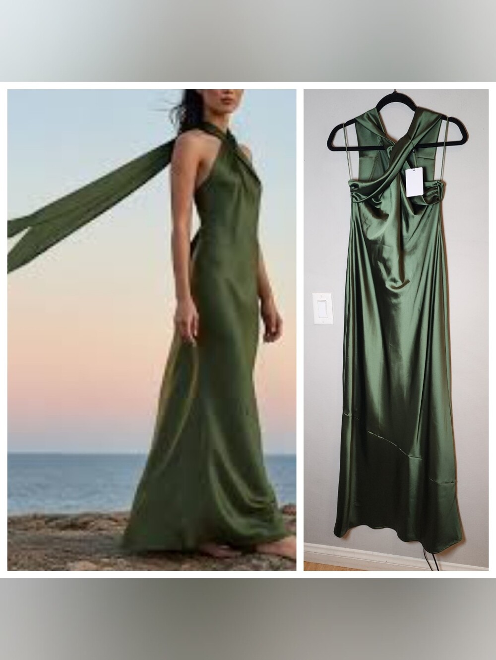 NWT Rewritten Roma Dress Green Satin Halterneck Maxi Gown Back Neck Tie Size 10